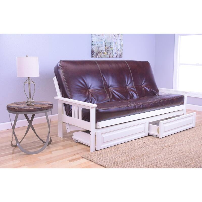 79 in. Antique White/Oregon Trail Java Leather Upholstered Full Size Futon Set with Mattress and Storage Drawers
