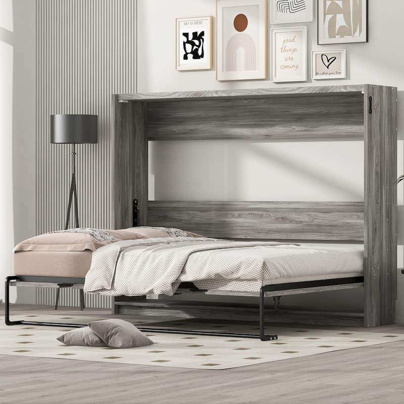 Full Size Murphy Bed, Foldable into Cabinet, No Box Spring Required, Space-Saving Design, MDF & Metal Frame