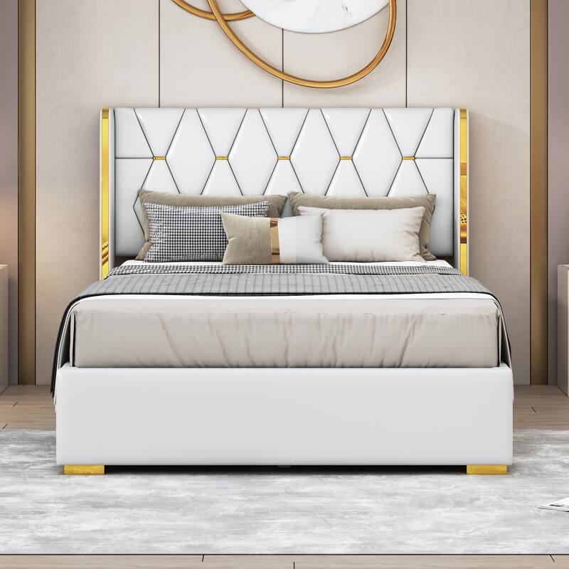 Modern Upholstered Platform Bed with Metal Strips