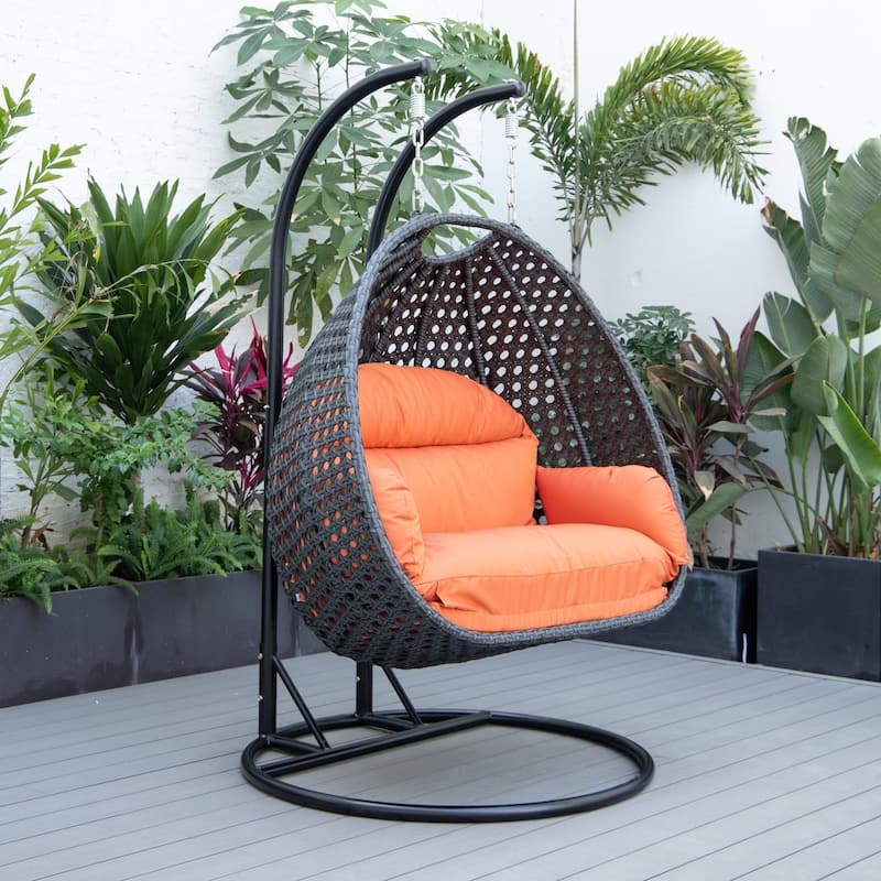Patio 2-Person Hanging Egg Swing Chair Charcoal Wicker and Iron Frame Breathable Removable Cushion Covers by LeisureMod