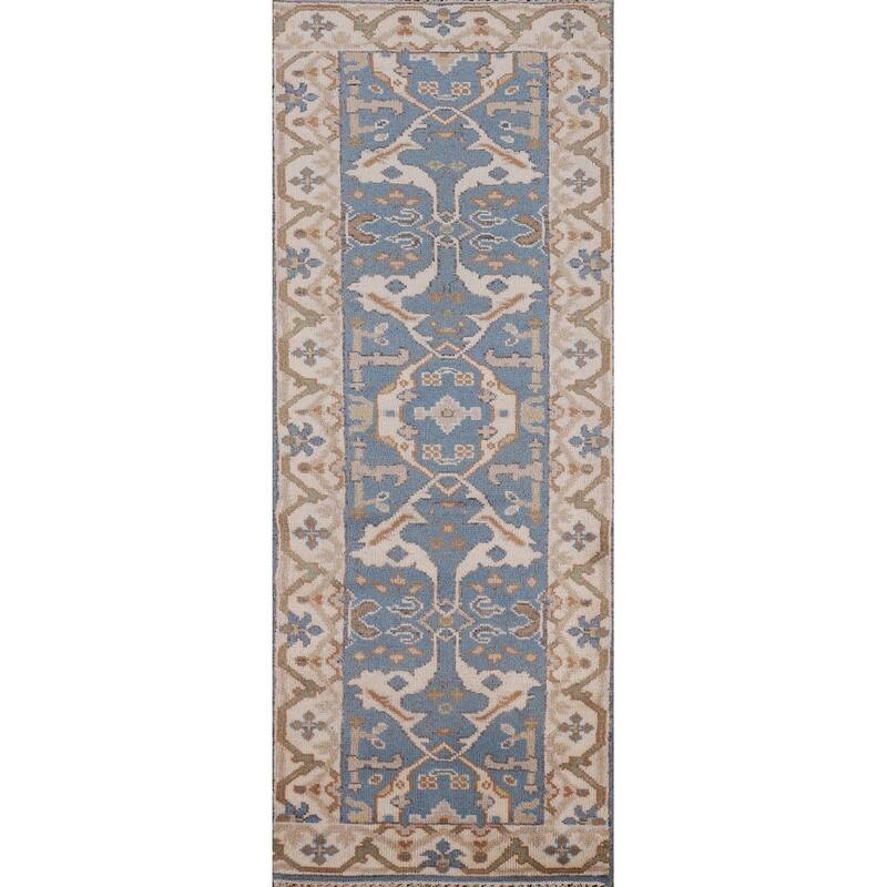 Light Blue Oushak Oriental Runner Rug Handmade Wool Carpet - 2'6" x 7'9"