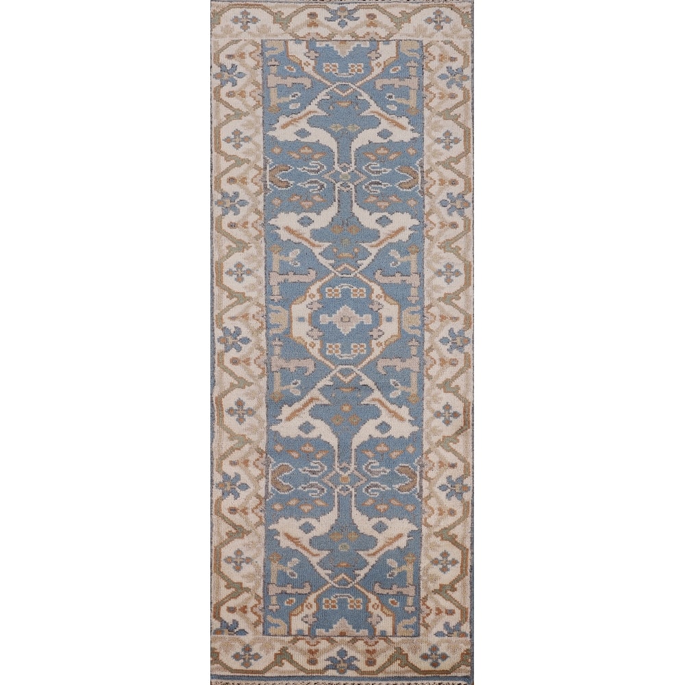 Light Blue Oushak Oriental Runner Rug Handmade Wool Carpet - 2'6" x 7'9"