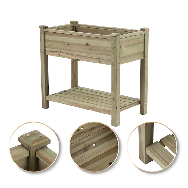 29.9" H Natural Wood Rectangular Raised Garden Planter with Shelf