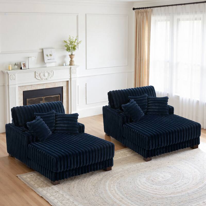 41.7" W Upholstered Plush Corduroy Chaise Lounge Set of 2 - Navy