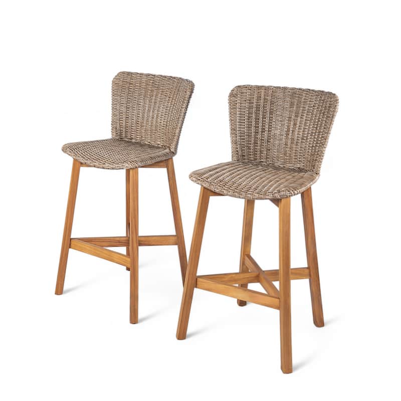 Christopher Knight Home - Lina Acacia and Rattan Outdoor Barstool (Set of 2)