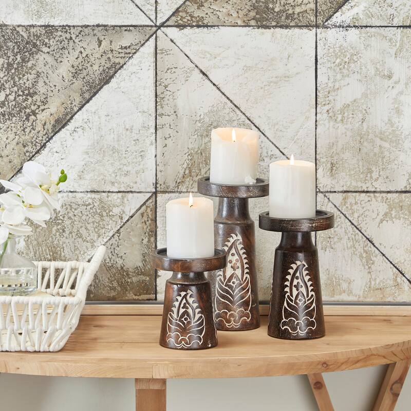 Brown or Dark Brown Mango Wood Tribal Pillar Candle Holder (Set of 3)