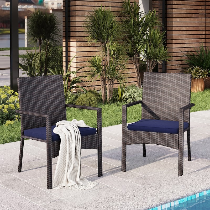 MAISON ARTS 2 Pieces Outdoor Rattan Dining Chair Set with Cushions - Dark Brown