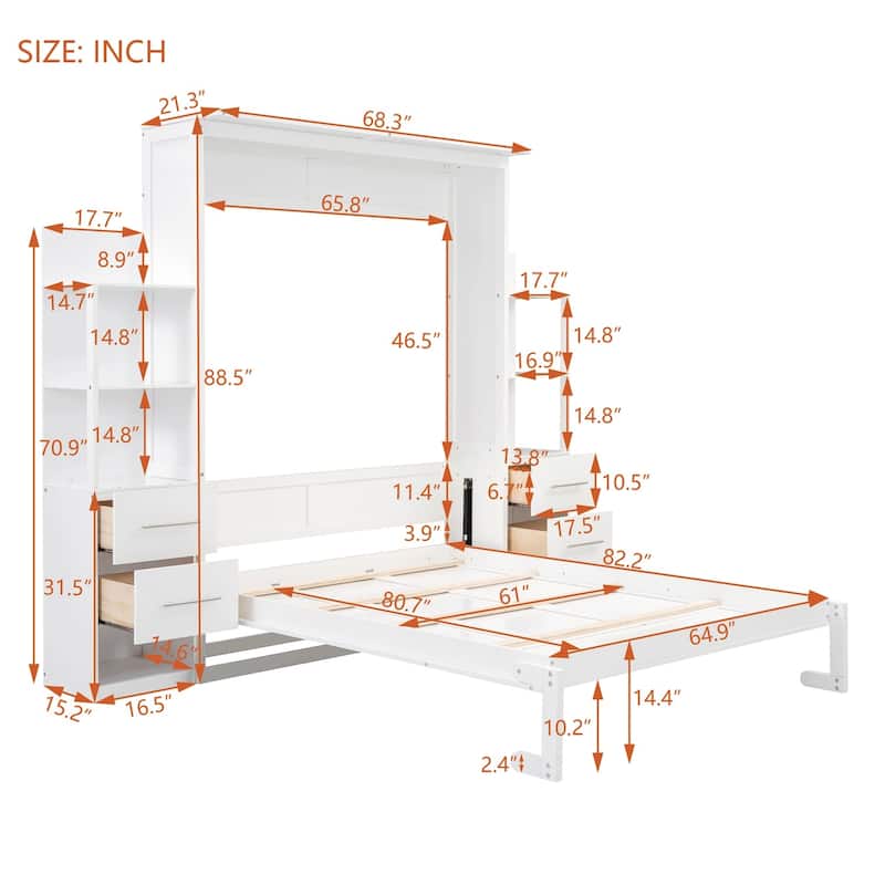 Merax Murphy Bed Wall Bed with Shelves, Drawers and LED Lights
