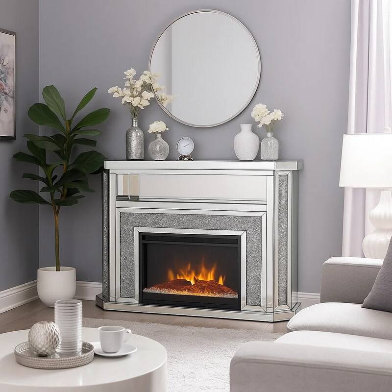 Electric Fireplace with Mirror Panel Framing and Faux Diamonds, Silver
