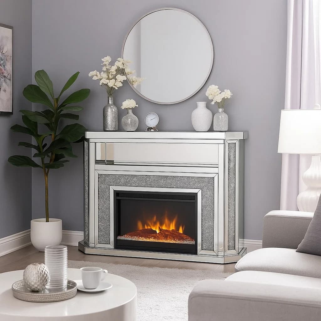 Electric Fireplace with Mirror Panel Framing and Faux Diamonds, Silver