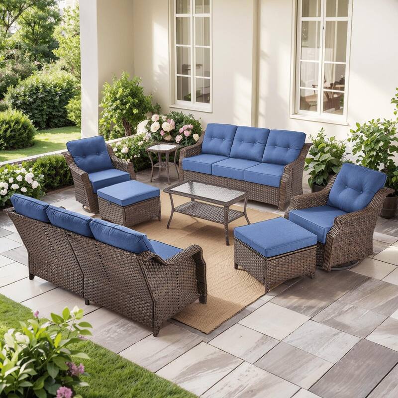 8PCS Outdoor Sofa Glider Chair Table and Ottoman - Brown Wicker & Blue Cushion - 8PCS Sofa Glider Chair Table and Ottoman