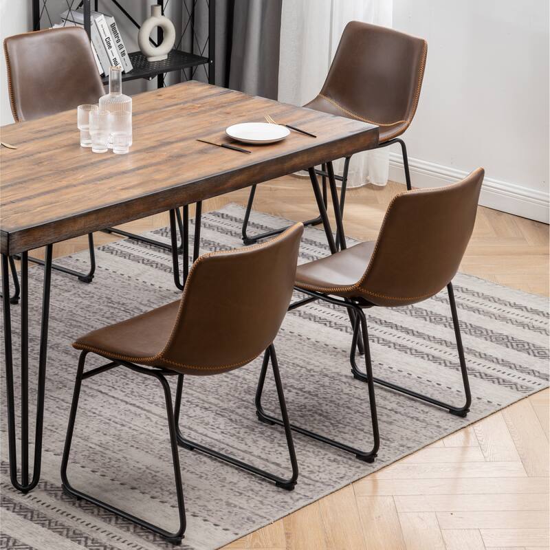 7-Piece Dining Set with Hairpin Table & 6 Sled-Base Leather Chairs