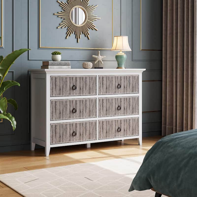 Fluted 6 Drawer Dresser for Bedroom, 47" Wide Modern Wooden Chest with Wavy Panel & Metal Handles