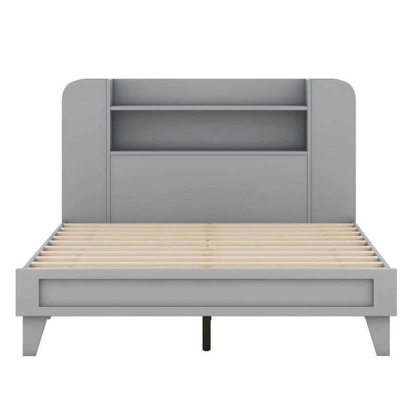 Platform Bed with Storage Headboard, Multiple Shelves on Both Sides