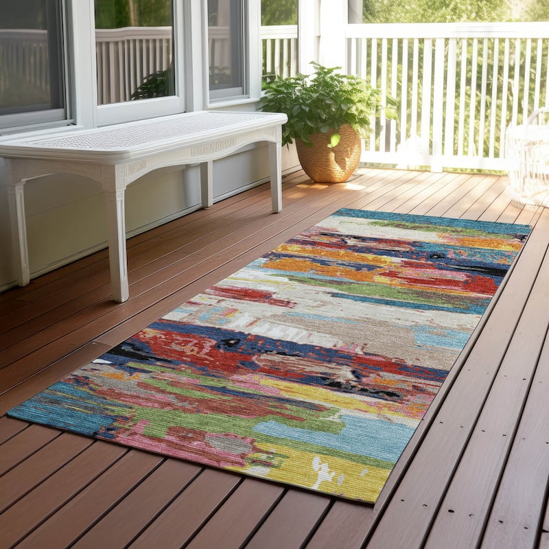 Machine Washable Indoor/ Outdoor Abstract Contemporary Chantille Rug - Denim - 2'3" x 7'6"