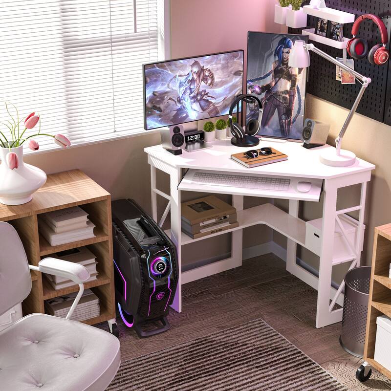 VECELO Triangular Corner Desk with Keyboard Tray Space Saving Metal Computer Desk for Home Office Study Bedroom