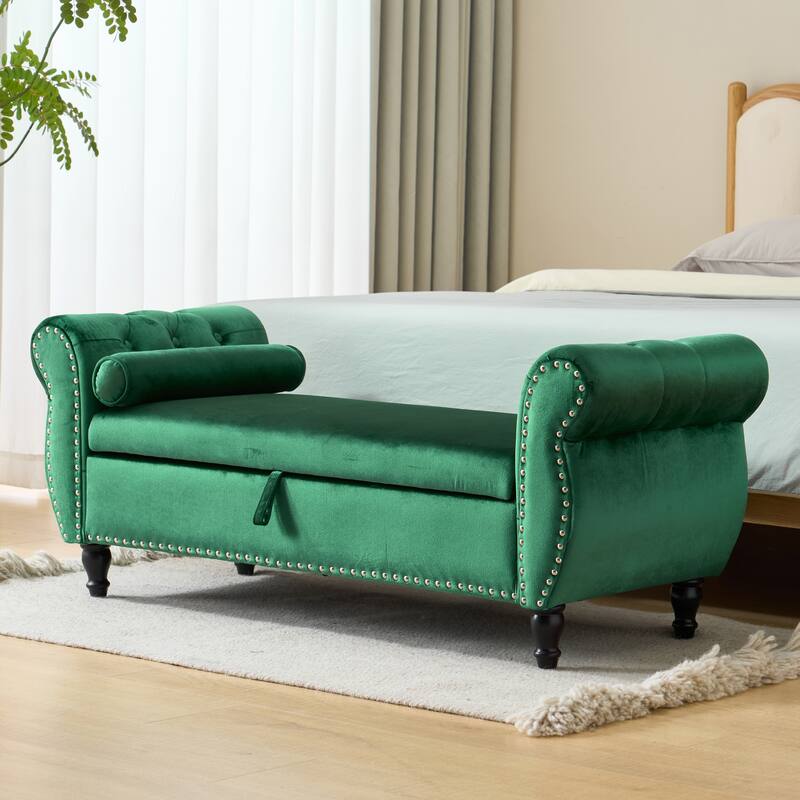 Roomfitters Velvet Rectangular Storage Ottoman Bench with Pillow, Nailhead Trim, Emerald Green - Emerald