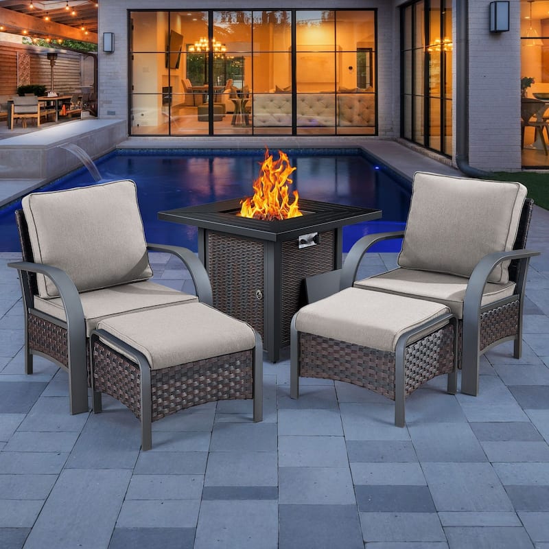 Pocassy Outdoor Patio Furniture Set - Brown Rattan - Beige Cushion - 2 Patio Chair 2 Ottoman with Fire Table
