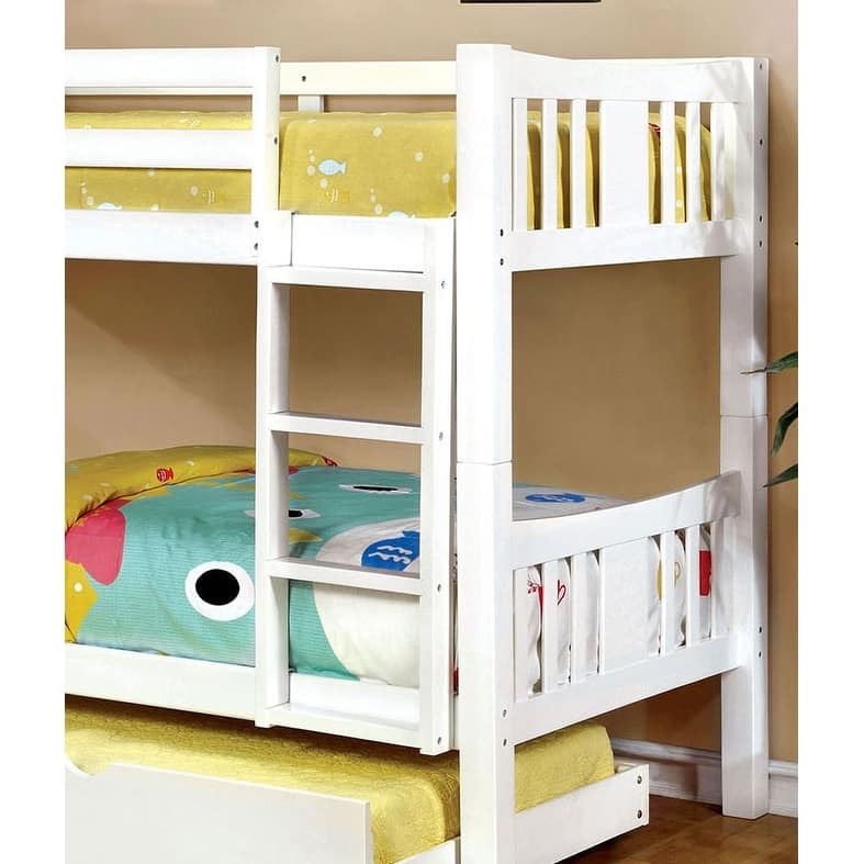 Twin Over Twin Wooden Bunk Bed with Attached Ladder and Lock Joint, White