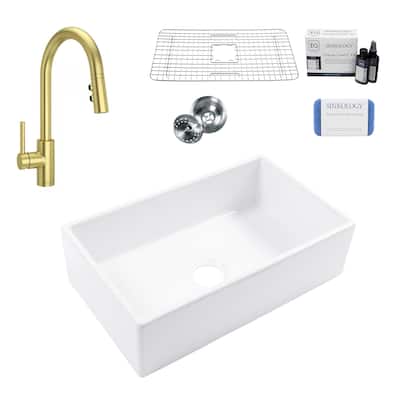 Turner Crisp White Fireclay 30" Single Bowl Farmhouse Apron Front Undermount Kitchen Sink with Gold Faucet Kit