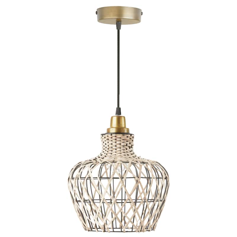 Caspian River of Goods Tan Rattan and Metal Adjustable Drop Height 10.25-Inch Hanging Pendant Light