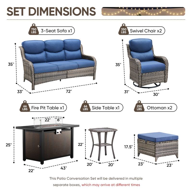 Pocassy Patio Sofa Swivel Chair Set with 43" Fire Pit Table