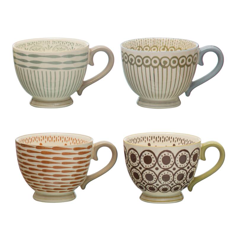 Stoneware Mugs with Painted Patterns - 5.6"L x 4.3"W x 3.5"H - 4 Piece - 5.6"L x 4.3"W x 3.5"H - Multi-Color
