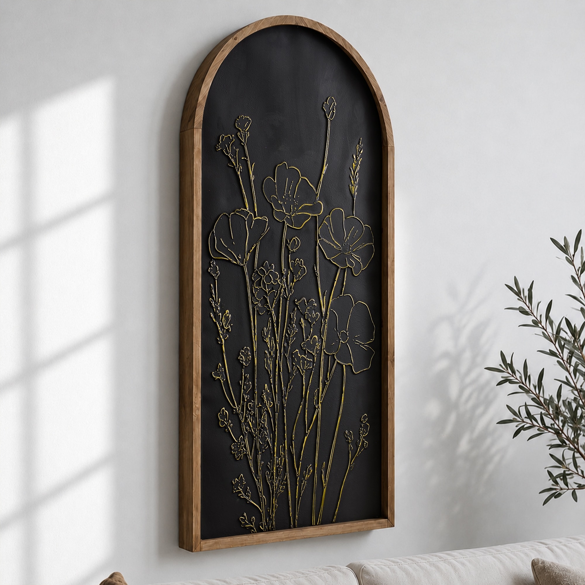 Embossed Black Gold Arched Floral Wall Art, 3D Metal Framed Botanical Coastal Boho Decor for Living Room Bedroom Bathroom