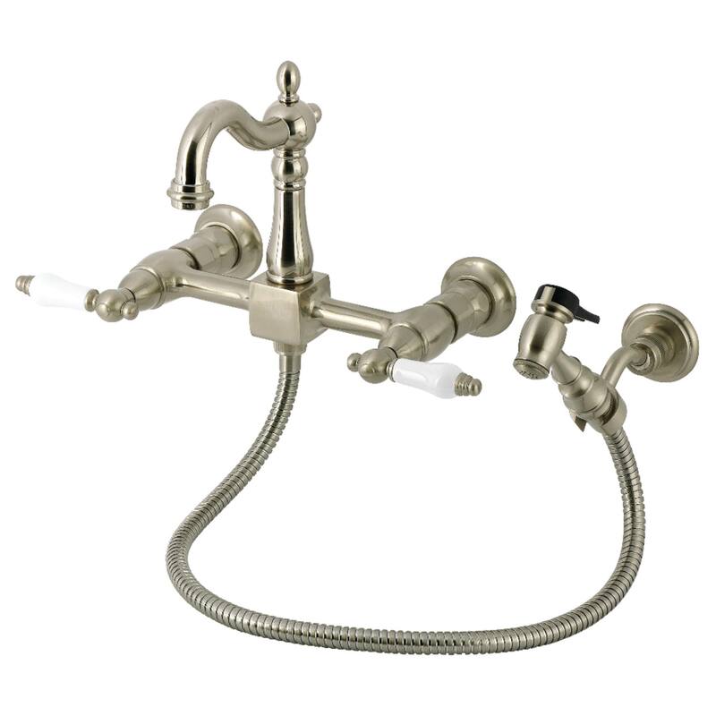 Kingston Brass Essex Double-Handle Wall-Mount Pre-Rinse Bridge Kitchen Faucet - Brushed Nickel