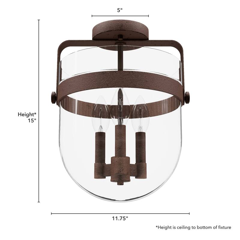 Hunter Karloff Clear Glass 3 Light Flush Mount Ceiling Light - Rustic, Industrial, Transitional