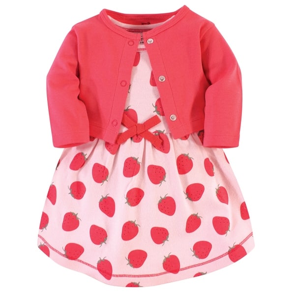 slide 1 of 1, Touched by Nature Baby and Toddler Girl Organic Cotton Dress and Cardigan 2pc Set, Strawberries 2T - Strawberries