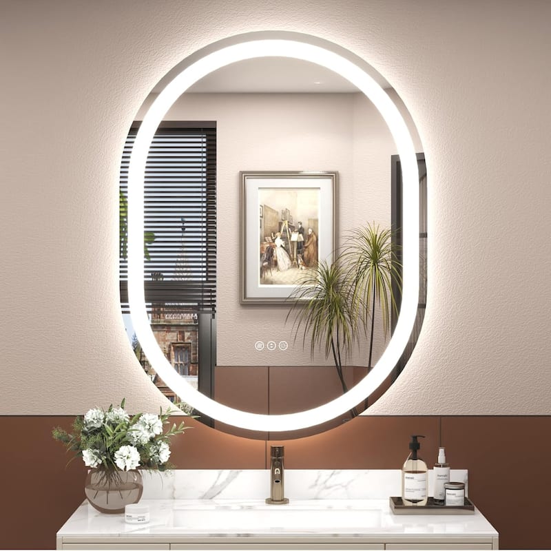 Frameless Oval LED Lighted Vanity Mirror Anti Fog Tempered Glass Bathroom with ETL and 3 Year Warranty - 28x36