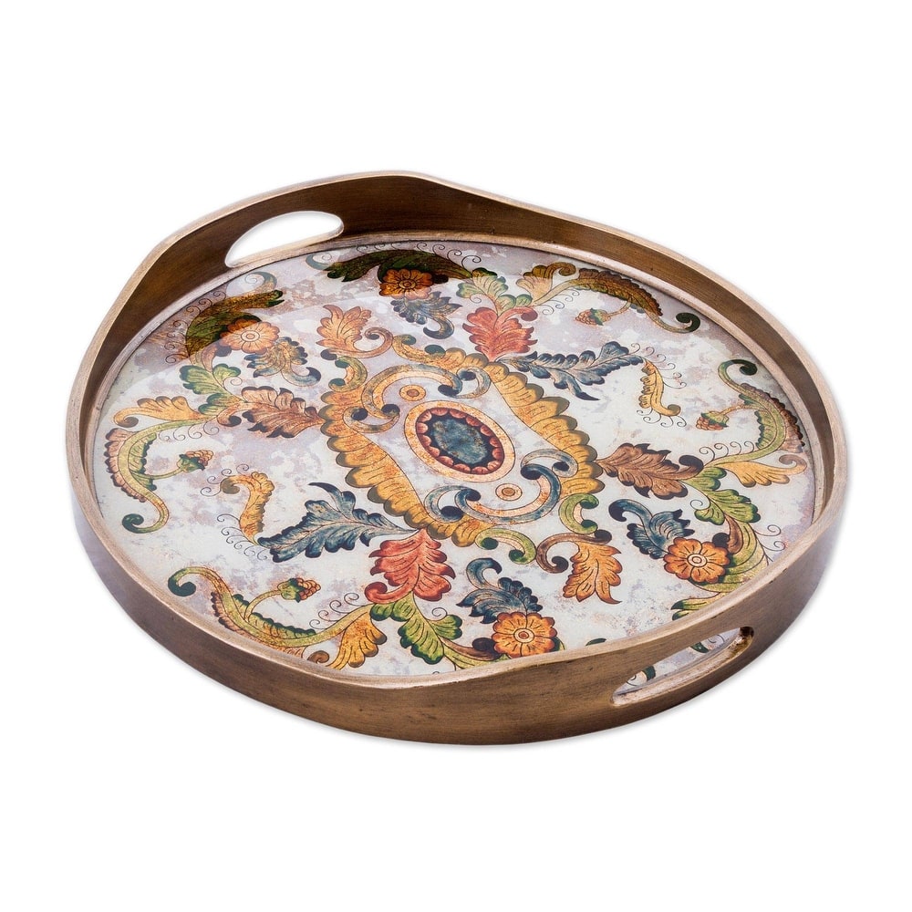 NOVICA Handmade Reverse Painted Glass Tray Floral Heaven (Peru)