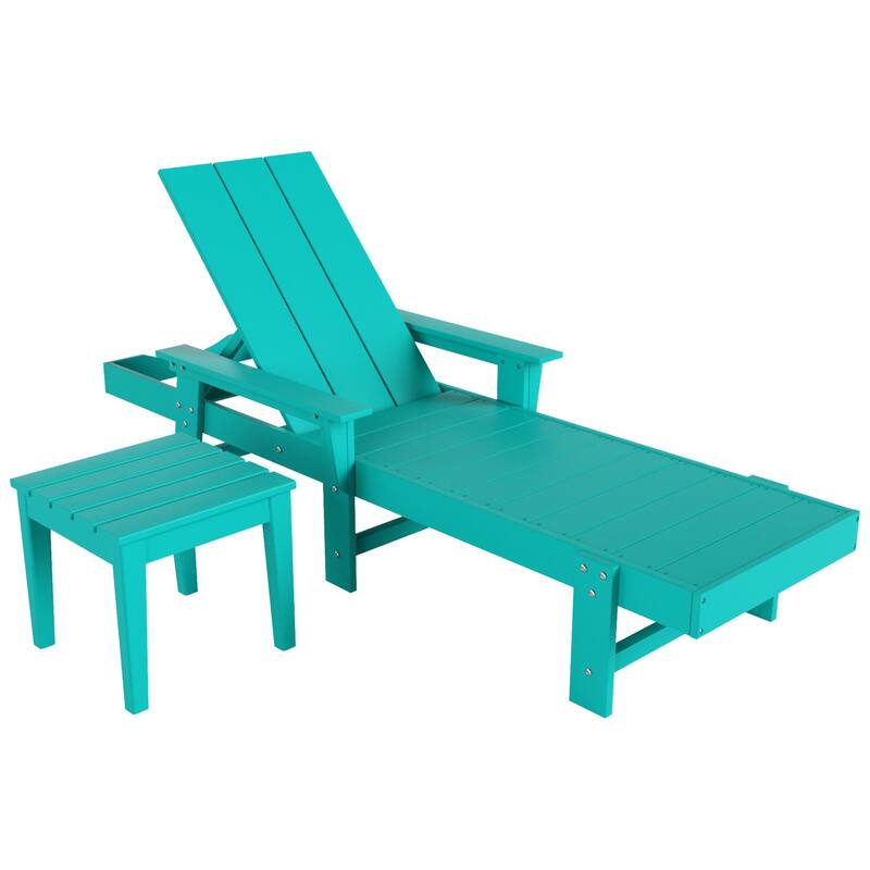 Polytrends Shoreside Modern Poly Eco-Friendly All Weather Reclining Chaise Lounge With Arms, Wheels, & Side Table (2-Piece Set)