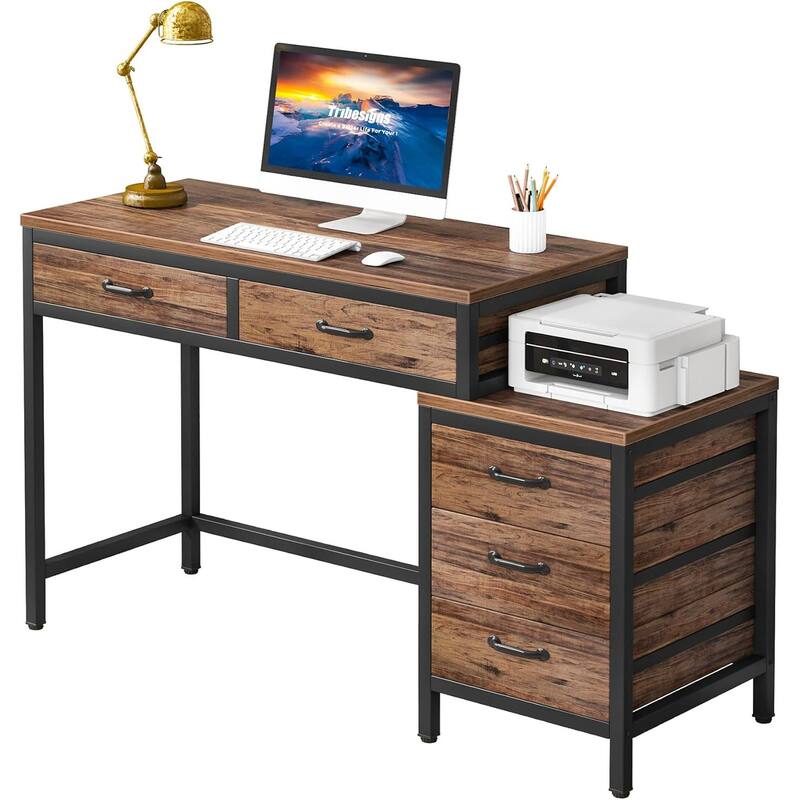51" Reversible Computer Desk with 5 Drawers and File Cabinet, Office Desk with Printer Stand, Writing Table with Storage