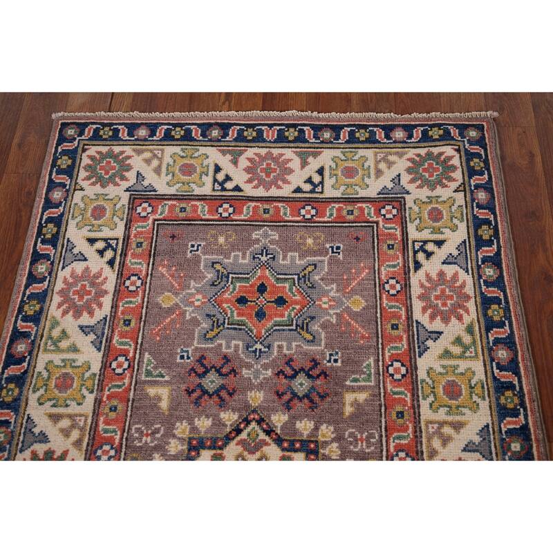 Geometric Brown Kazak Foyer Rug Hand-Knotted Wool Carpet - 2'9" x 4'1"