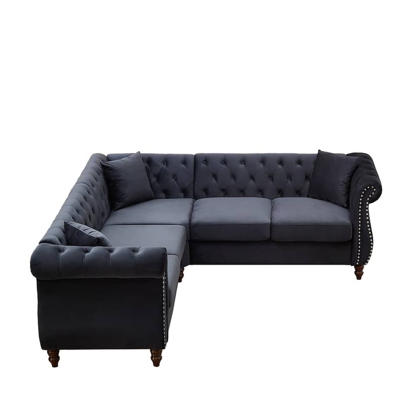 5-Seater Velvet L-Shaped Sectional Sofa with 3 Pillows and Wood Frame