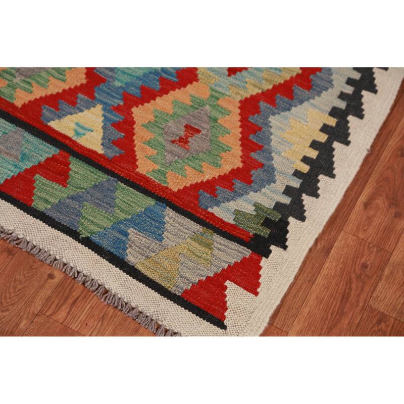 Hand Woven Oriental 100% Wool Carpet Southwestern All-Over Multi-Colored Kilim Runner Rug - 12' 7'' X 2' 8''