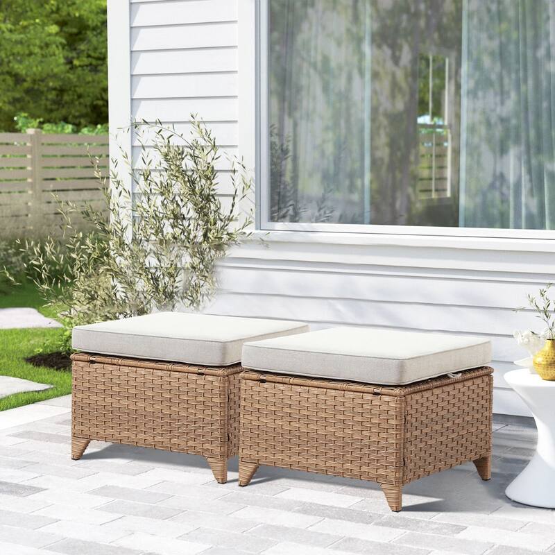 Gymojoy Outdoor Durable Wicker Ottomans with Olefin Cushions - 2-Piece - Yellow Wicker / Beige Cusion