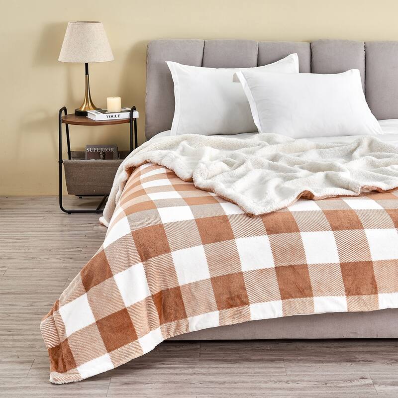 Linery & Co. Velvet Plush Reversible Sherpa Throw Blanket - 50" x 60" Throw - Terracotta Buffalo Checks