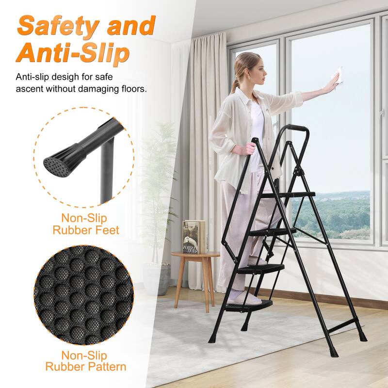 Anmytek 4 Step Folding Ladder with Wide Anti Slip Pedals and Safety Handrail Sturdy Steel Step Stool for Home and Office