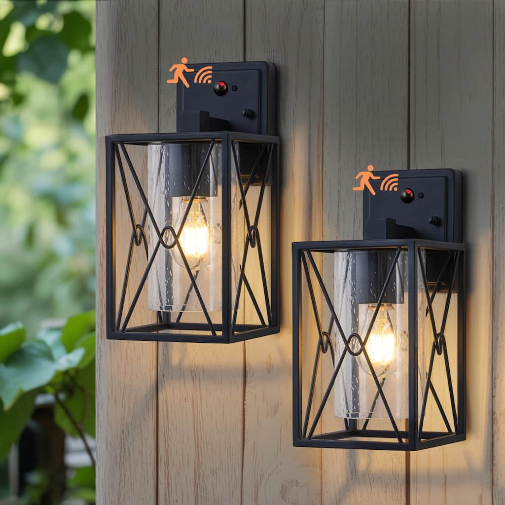 Motion Sensor Outdoor Wall Lanterns with Seeded Glass, Set of 2 - Black