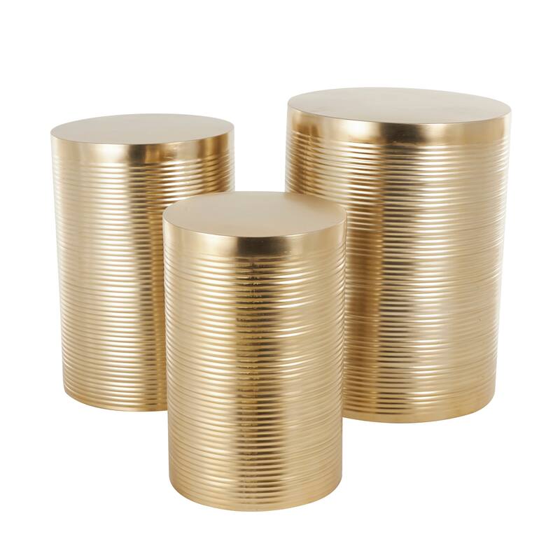 Gold or Silver Metal Metallic Ribbed Drum Accent Table (Set of 3)