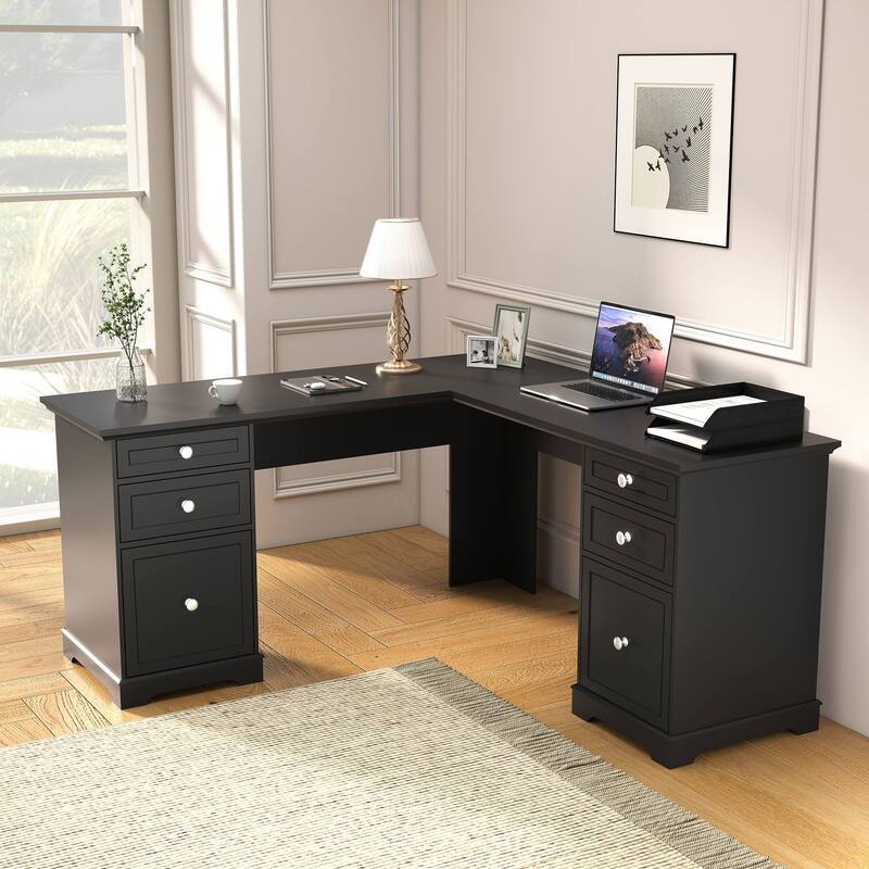 Farmhouse L Shaped Executive Desk Home Office Desk with File Drawer