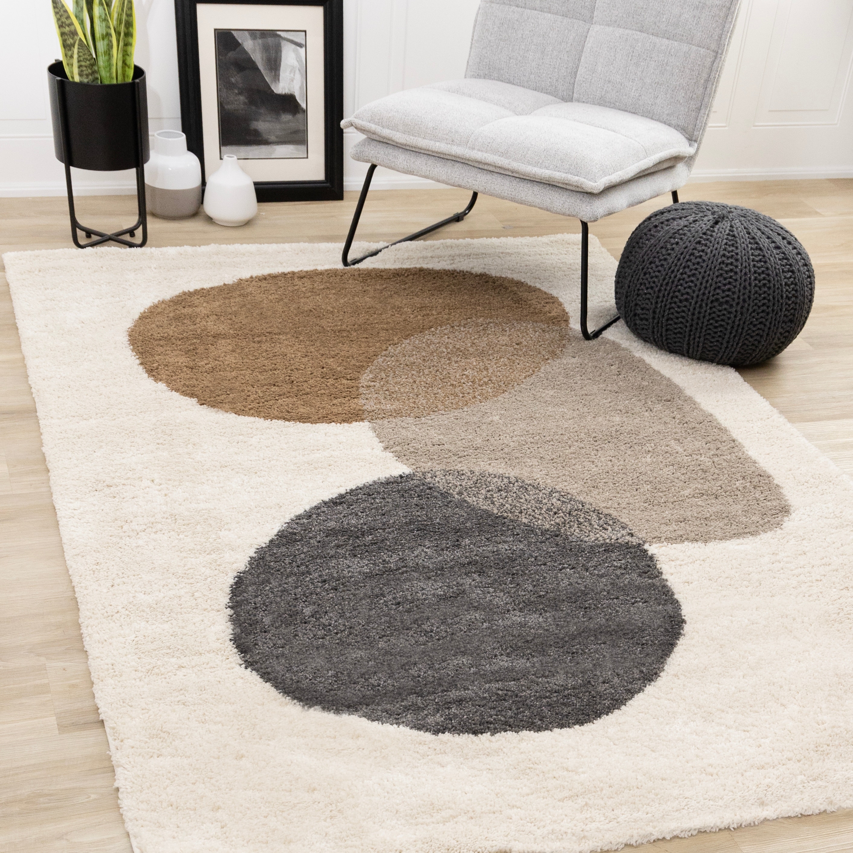 Cream Brown Grey Geometric Stones Soft Shag Area Rug, 5'3" x 7'7"