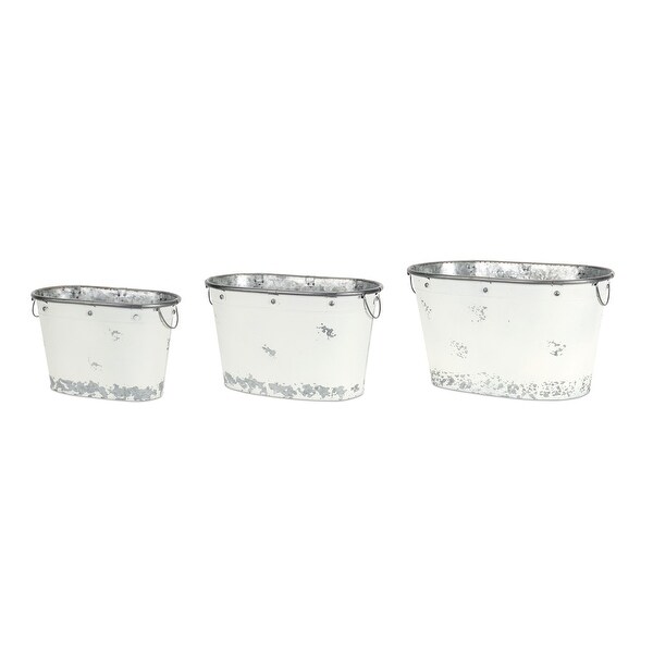 Set of 3 Stylish Metal White and Grey Oval Tub 13” - N/A