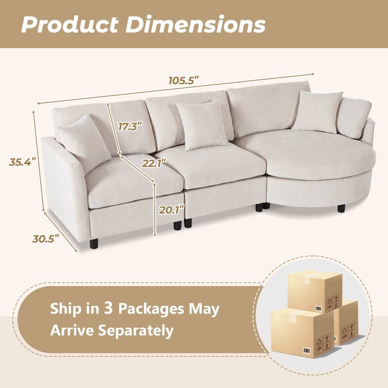 Roomfitters 105" Chenille Fabric 3-Piece Sectional Sofa, Modern Large L-Shaped Couch with Rounded Chaise for Living Room