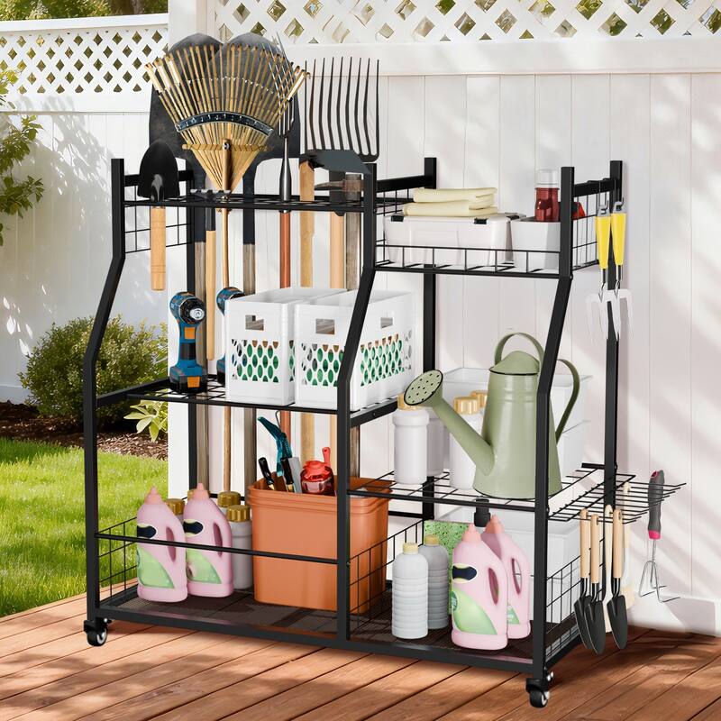 Freestanding Metal Tools Storage Cart Power Tool Organizer Shelf for Garage Workshop Yard with Wheels