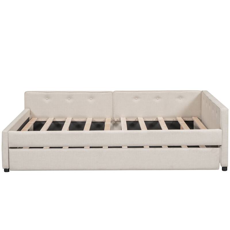 Full Size Upholstered Platform Bed Frame with USB Ports and Twin Size Trundle, No Box Spring Needed, Bedroom Furniture