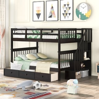 Full-over-Full Bunk Bed with Drawer, Storage Stairway & Full-Length ...
